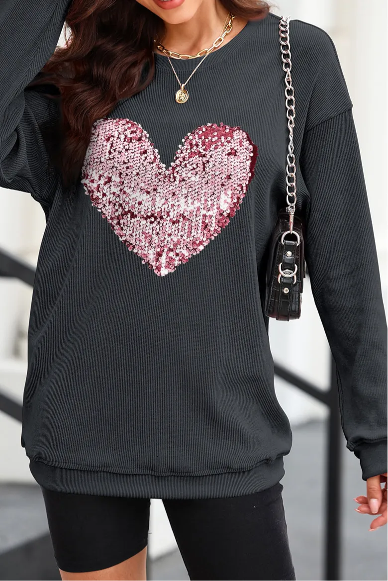Love You Lots Heart Sequin Round Neck Pullover