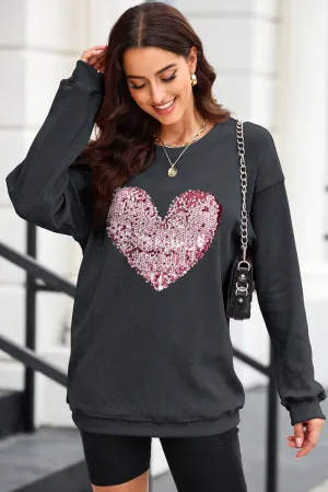Love You Lots Heart Sequin Round Neck Pullover