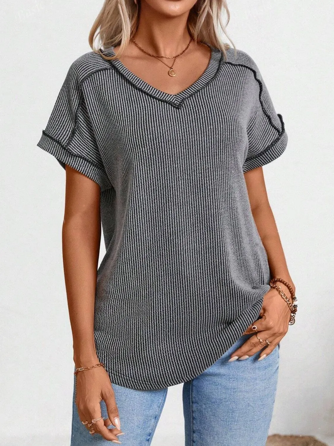 Lulu Exposed Seam V-Neck Short Sleeve Top