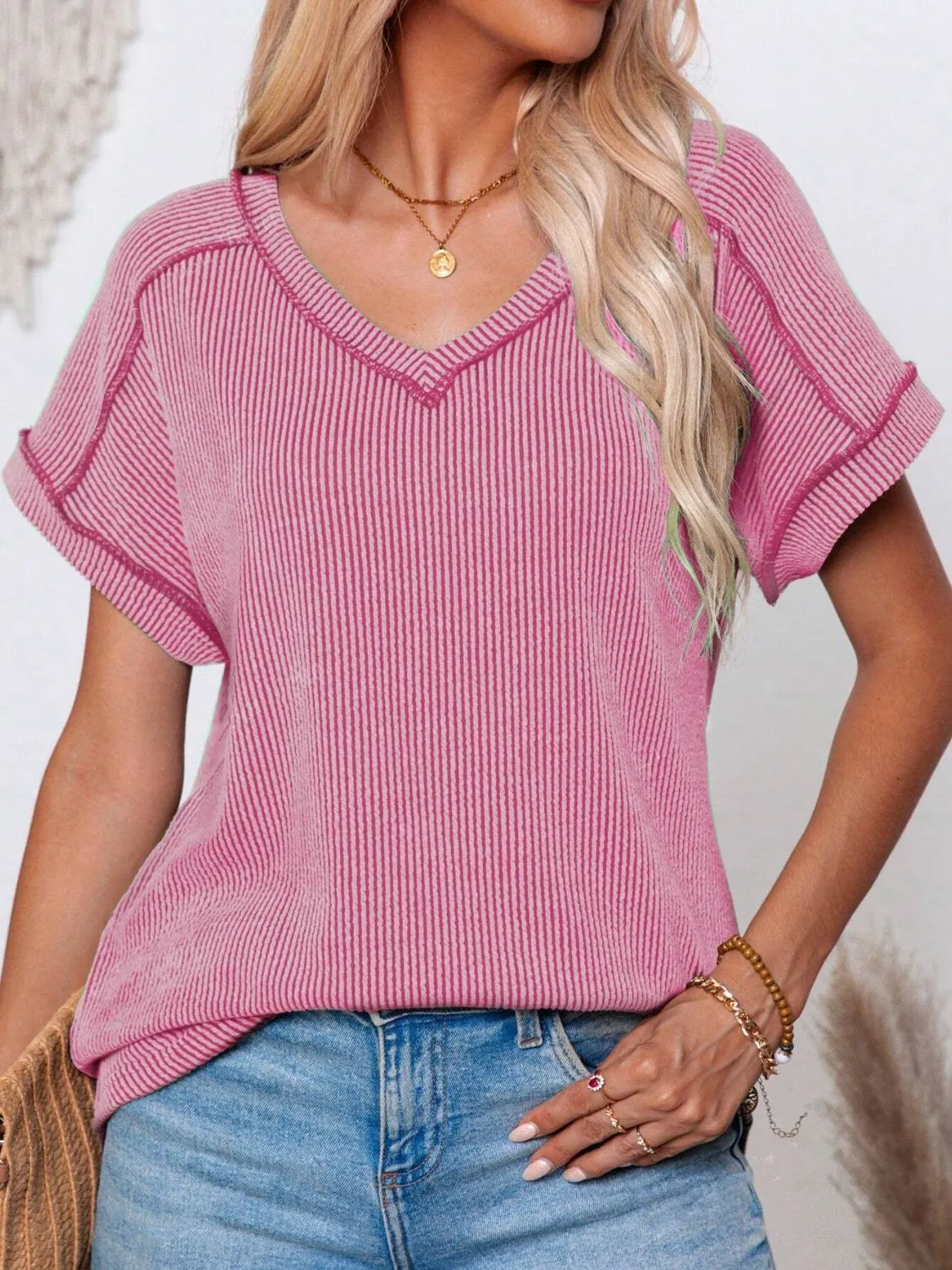Lulu Exposed Seam V-Neck Short Sleeve Top