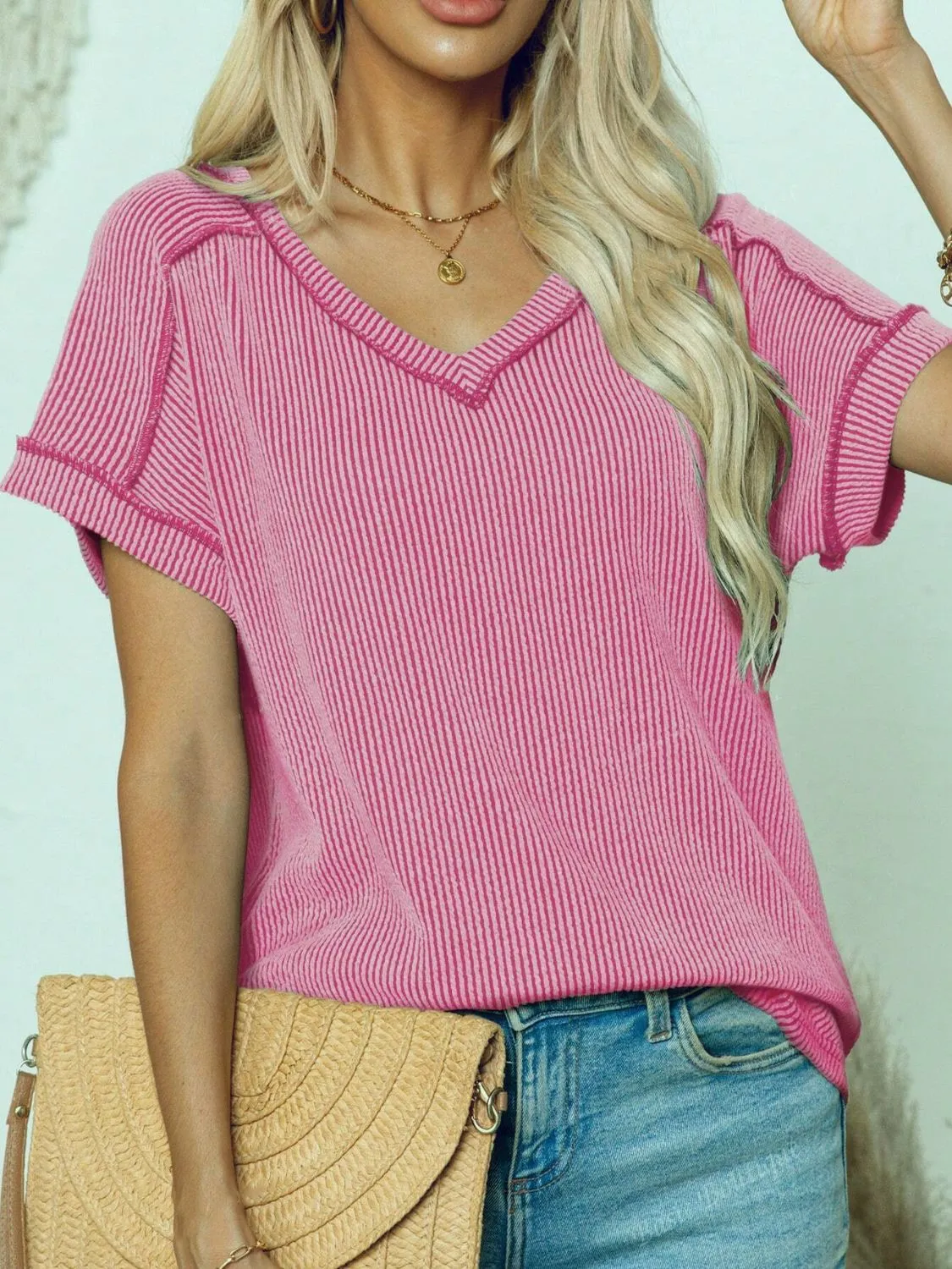 Lulu Exposed Seam V-Neck Short Sleeve Top
