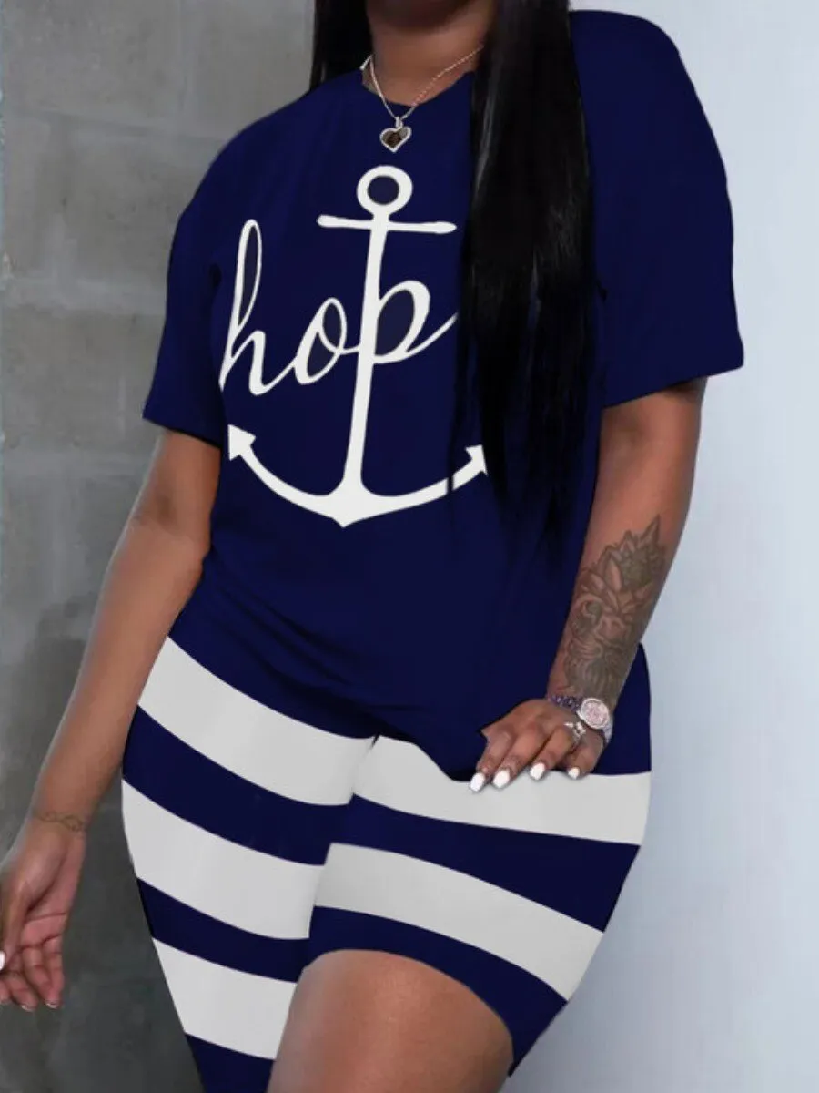 LW Plus Size Two Piece Women Clothes   Casual Hope Letter Print O-neck Tees  Sporty Stretch Striped Shorts Set