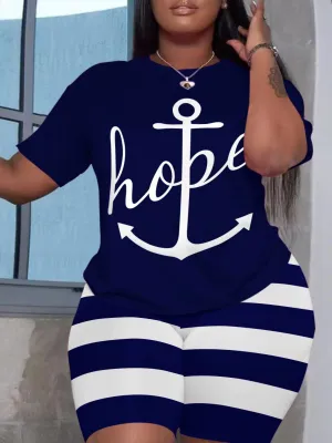 LW Plus Size Two Piece Women Clothes   Casual Hope Letter Print O-neck Tees  Sporty Stretch Striped Shorts Set