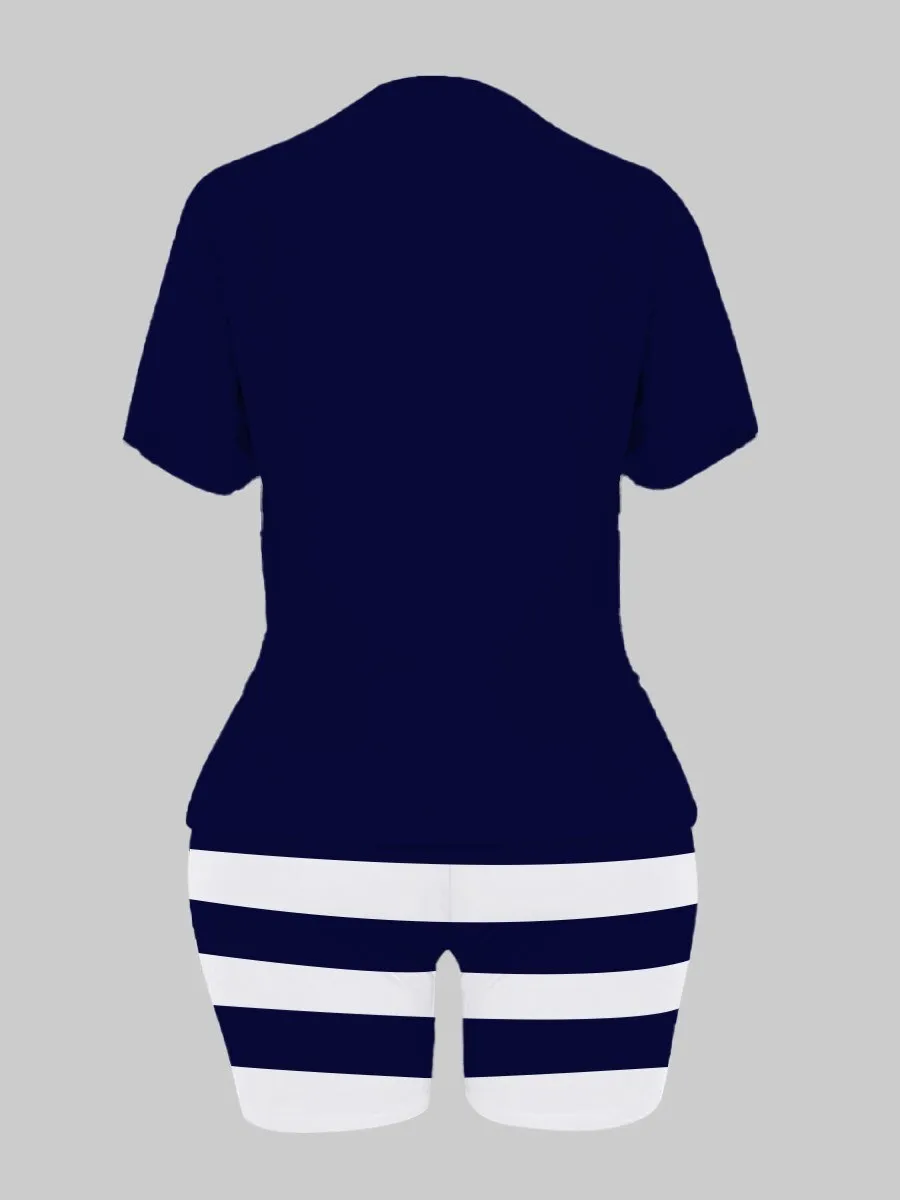 LW Plus Size Two Piece Women Clothes   Casual Hope Letter Print O-neck Tees  Sporty Stretch Striped Shorts Set