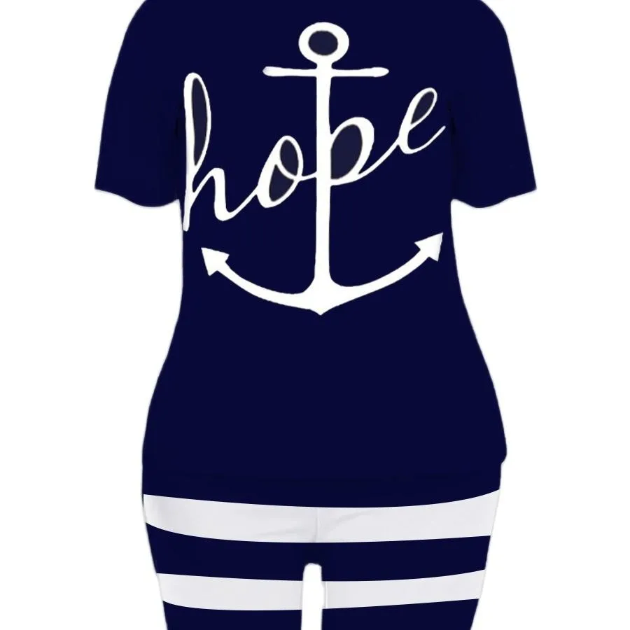 LW Plus Size Two Piece Women Clothes   Casual Hope Letter Print O-neck Tees  Sporty Stretch Striped Shorts Set
