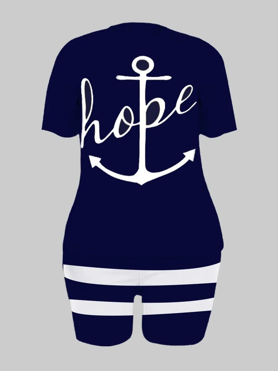 LW Plus Size Two Piece Women Clothes   Casual Hope Letter Print O-neck Tees  Sporty Stretch Striped Shorts Set