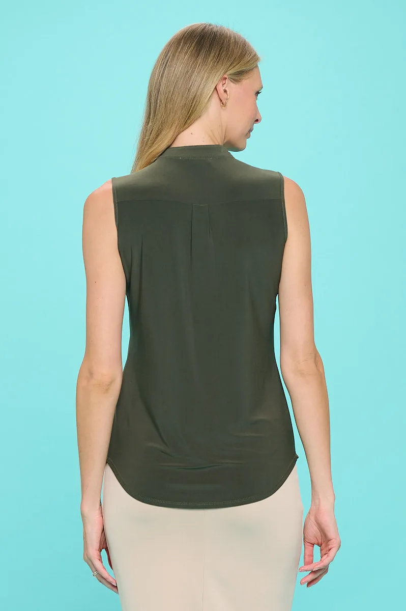MANDARIN COLLAR V NECK SLEEVELESS SHIRT