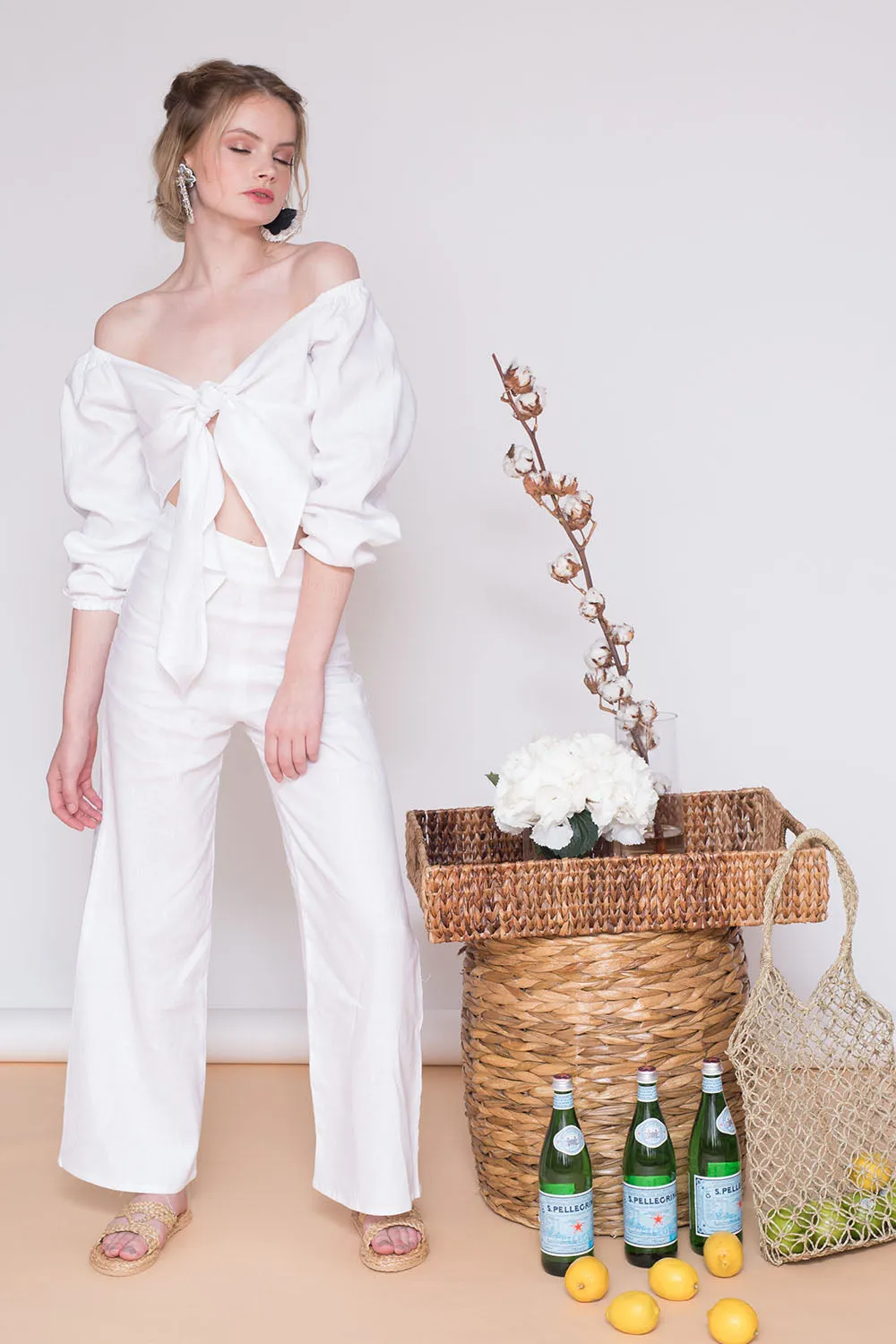 MARRAKESH Off Shoulder Sleeve Top with Tie front (White Linen)