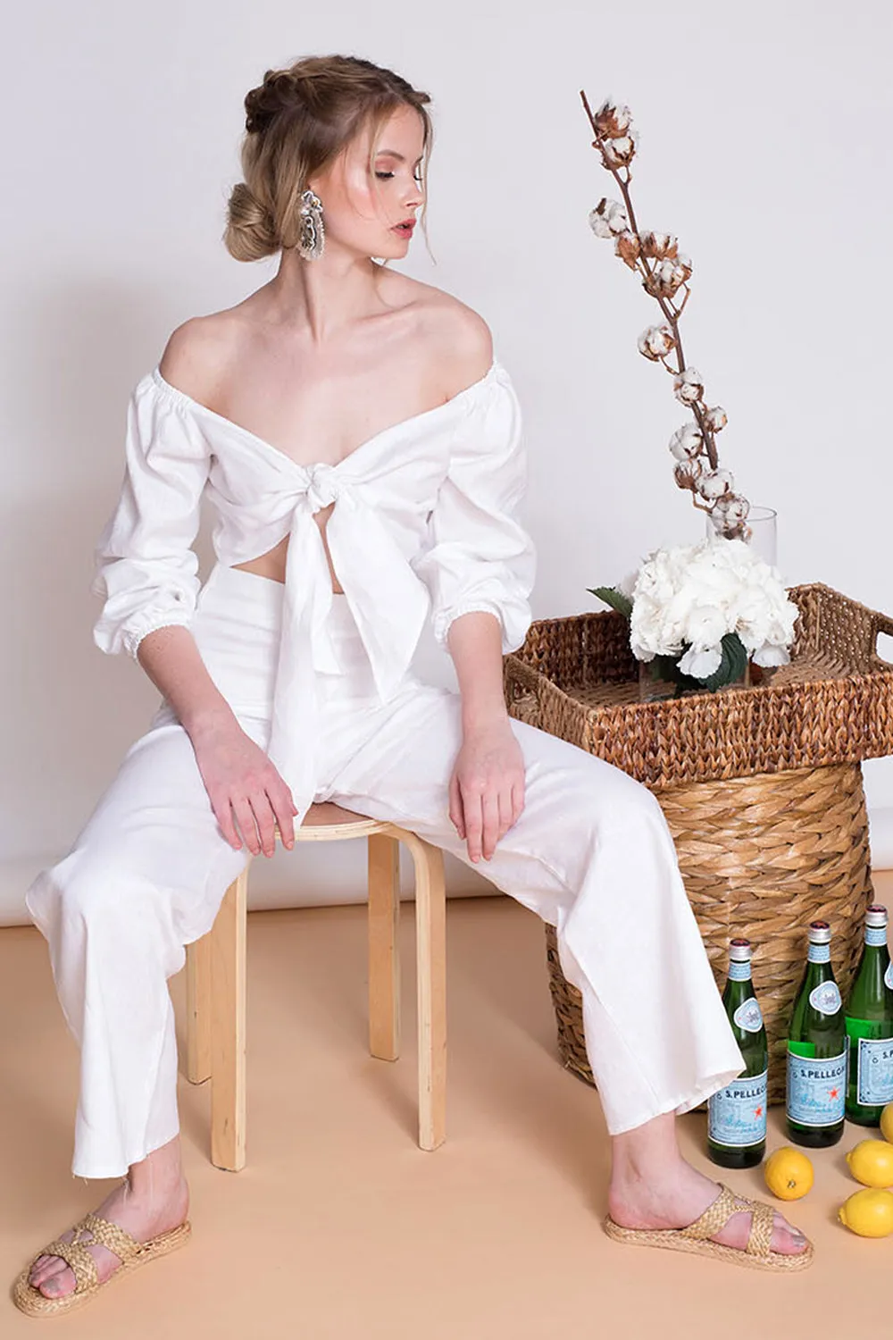 MARRAKESH Off Shoulder Sleeve Top with Tie front (White Linen)