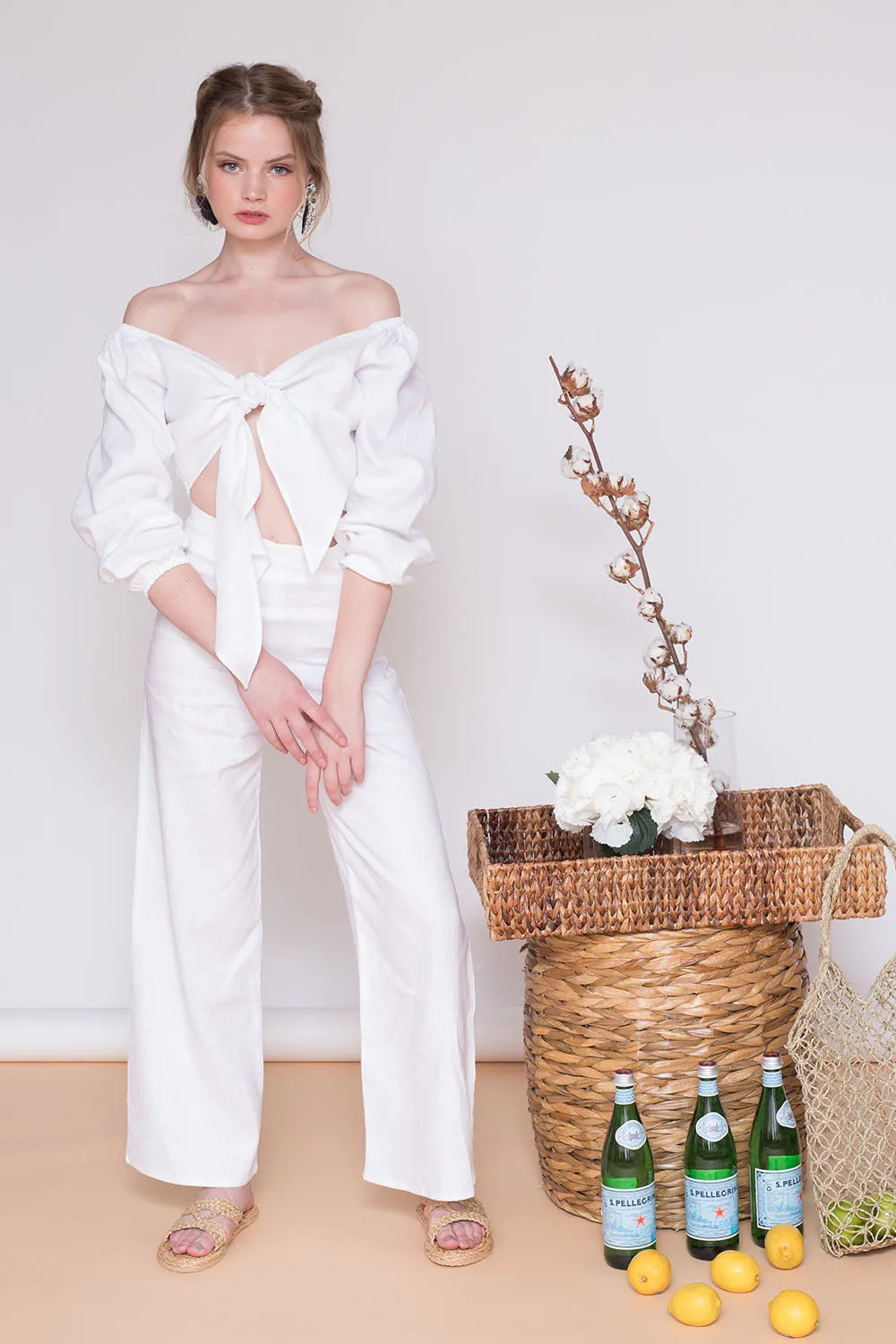 MARRAKESH Off Shoulder Sleeve Top with Tie front (White Linen)