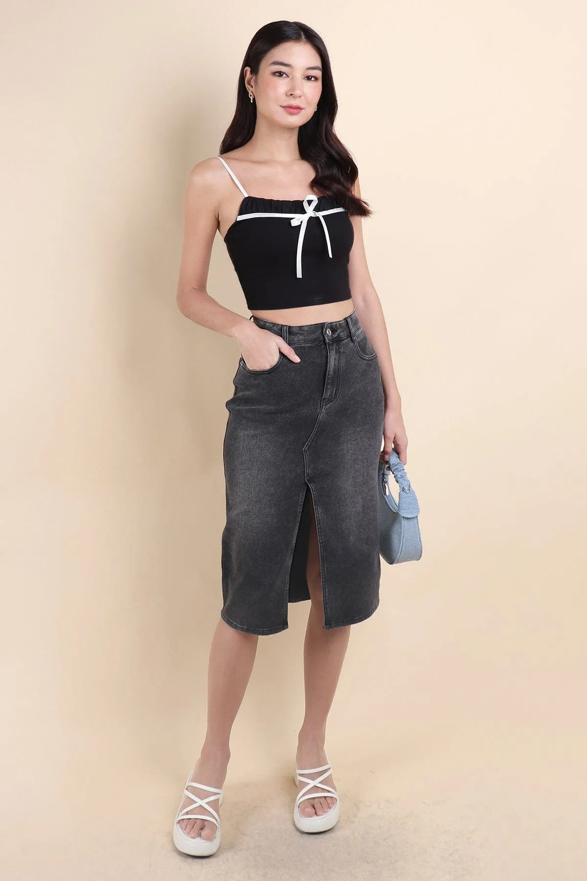 MICHI COQUETTE PADDED SPAG RIBBED TOP IN BLACK