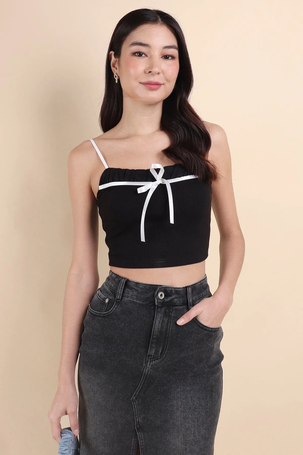 MICHI COQUETTE PADDED SPAG RIBBED TOP IN BLACK