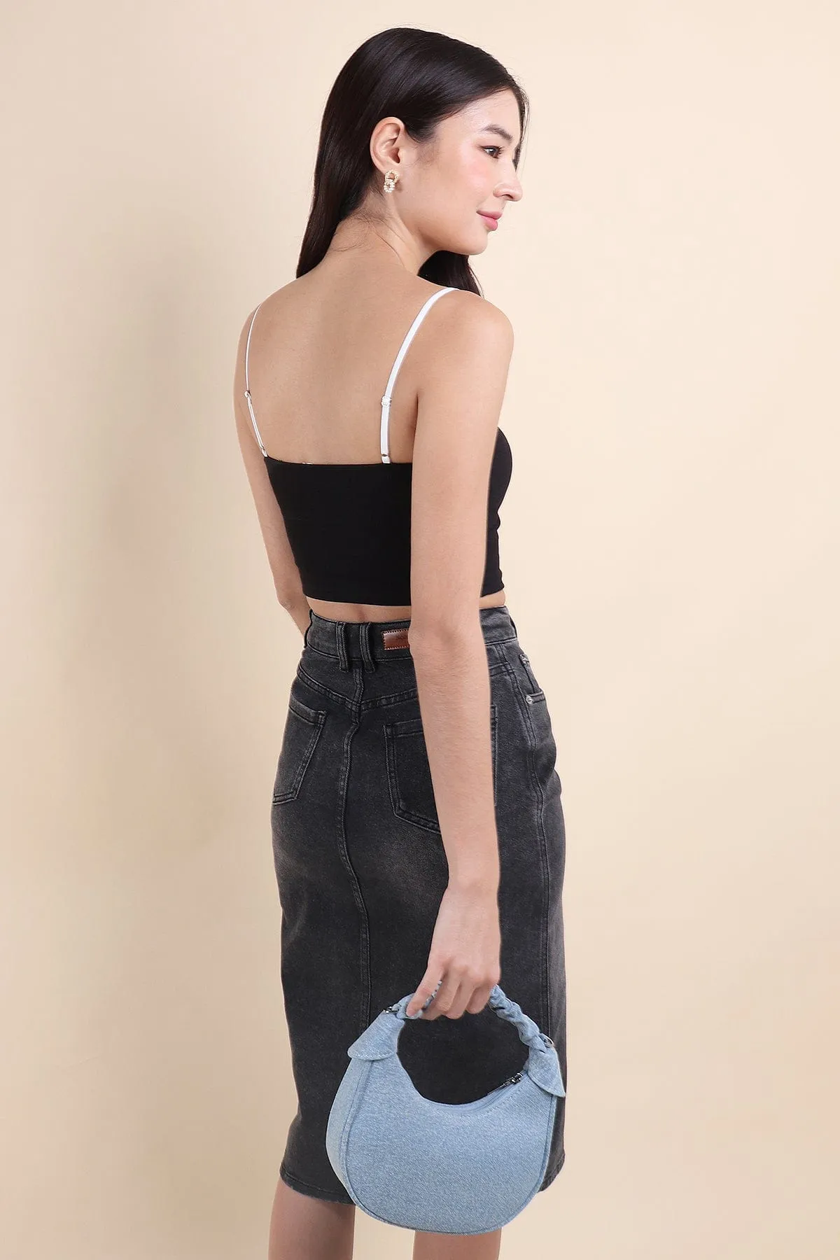 MICHI COQUETTE PADDED SPAG RIBBED TOP IN BLACK
