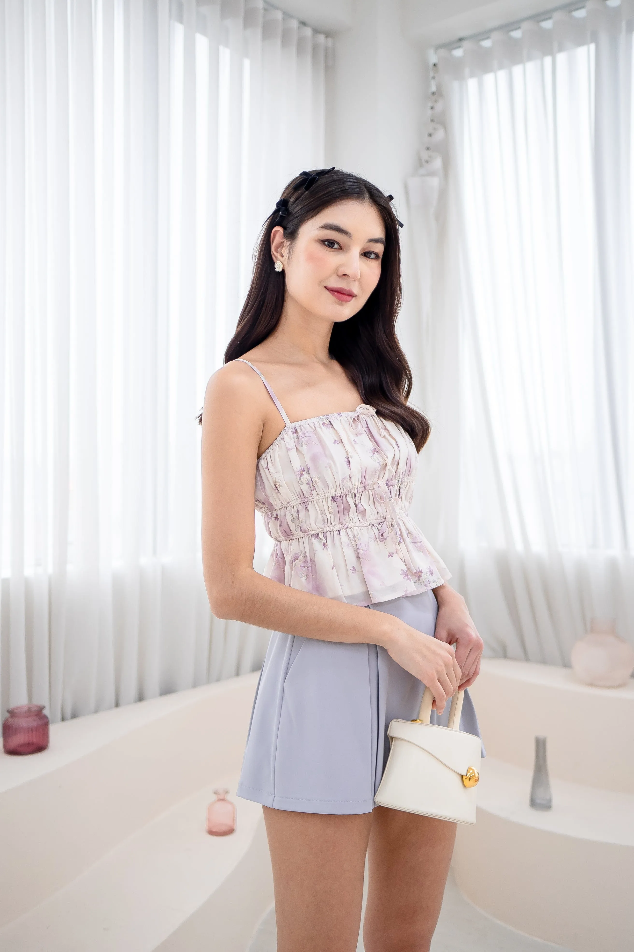 MIMI FLORAL RIBBON RUCHED TOP IN LILAC