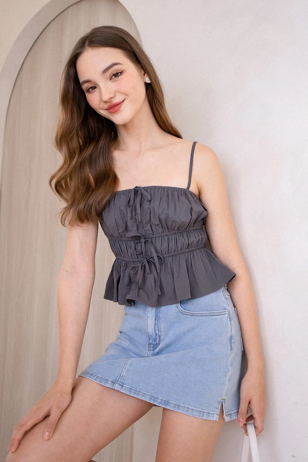 MIMI RIBBON RUCHED TOP IN GUN GREEN