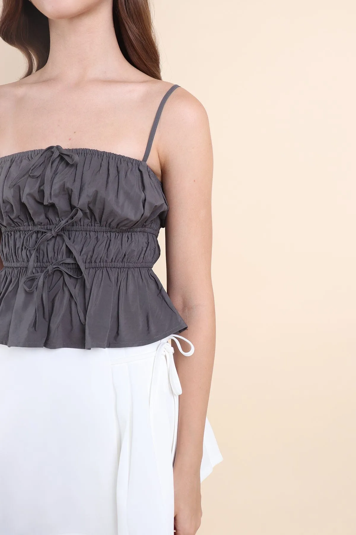 MIMI RIBBON RUCHED TOP IN GUN GREEN