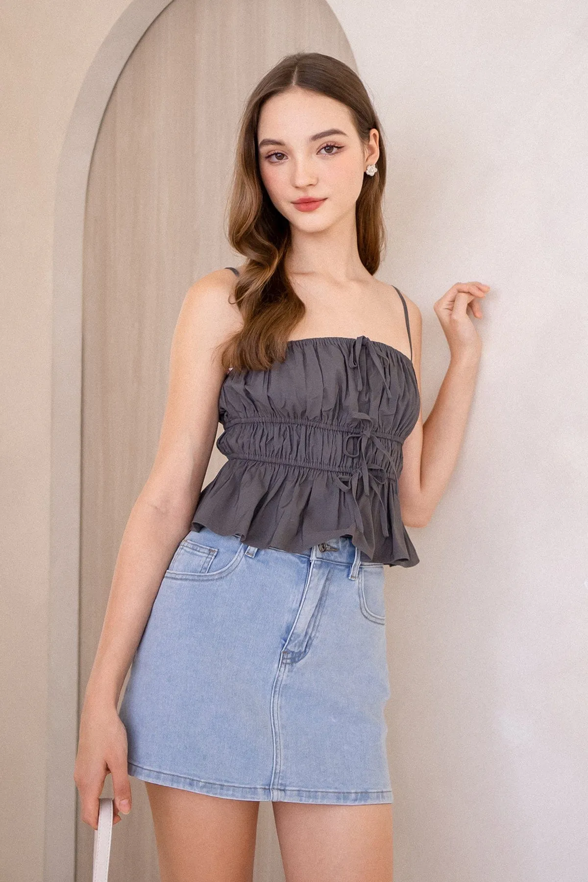 MIMI RIBBON RUCHED TOP IN GUN GREEN