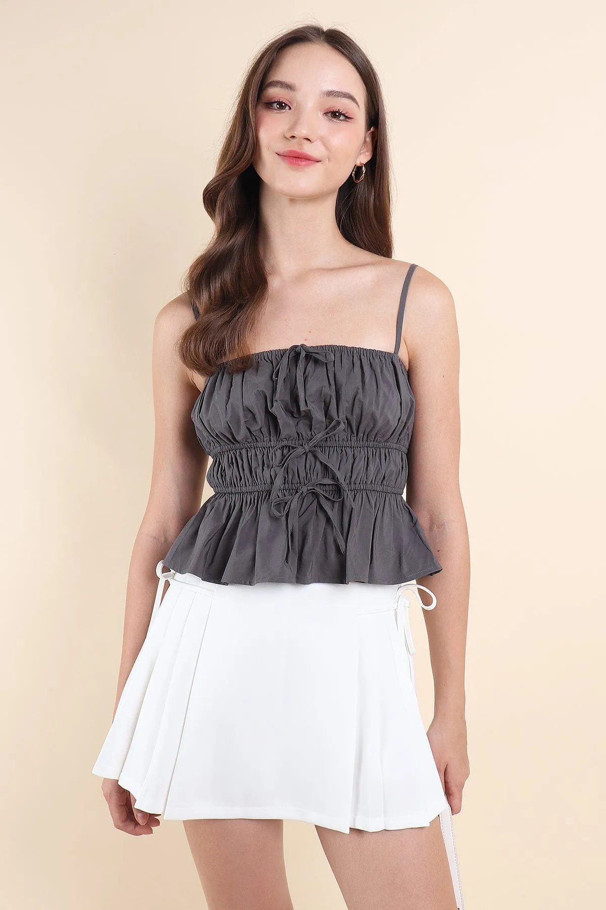MIMI RIBBON RUCHED TOP IN GUN GREEN