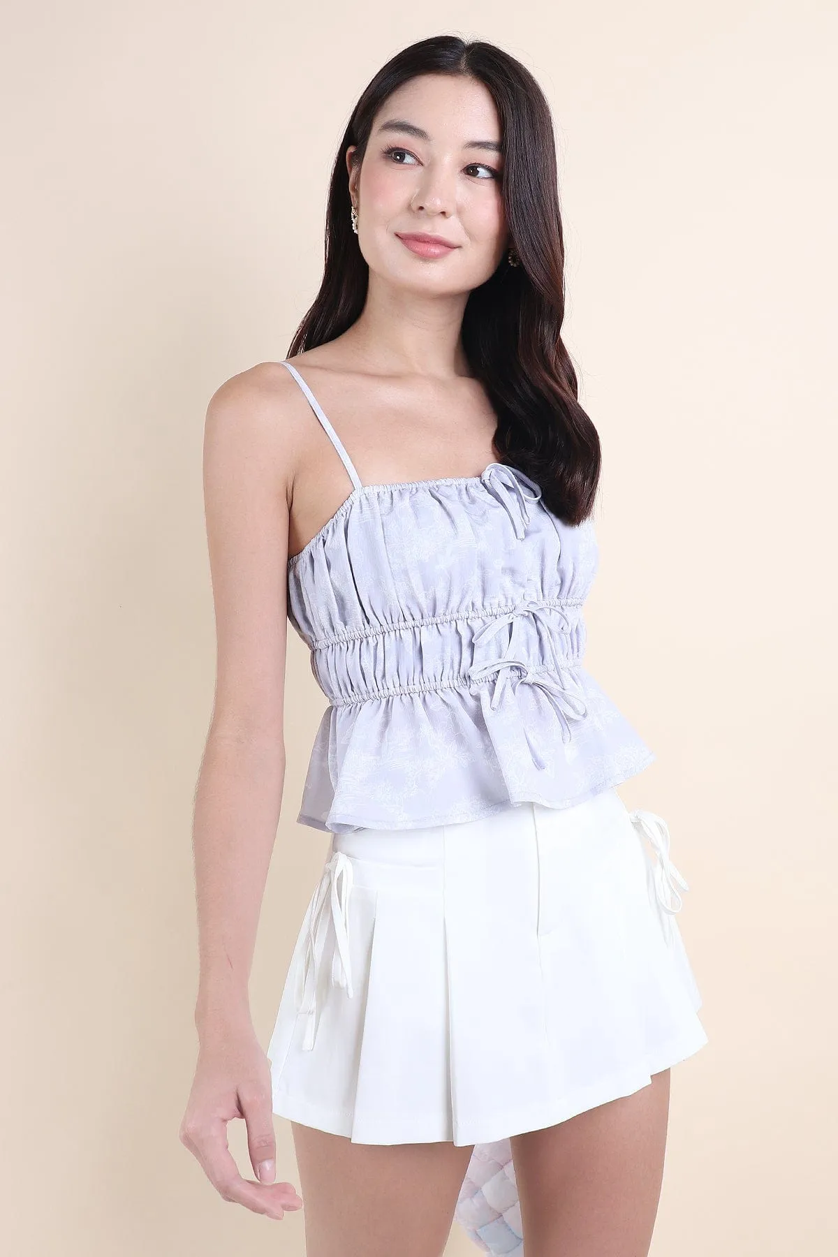 MIMI TOILE RIBBON RUCHED TOP IN LILAC