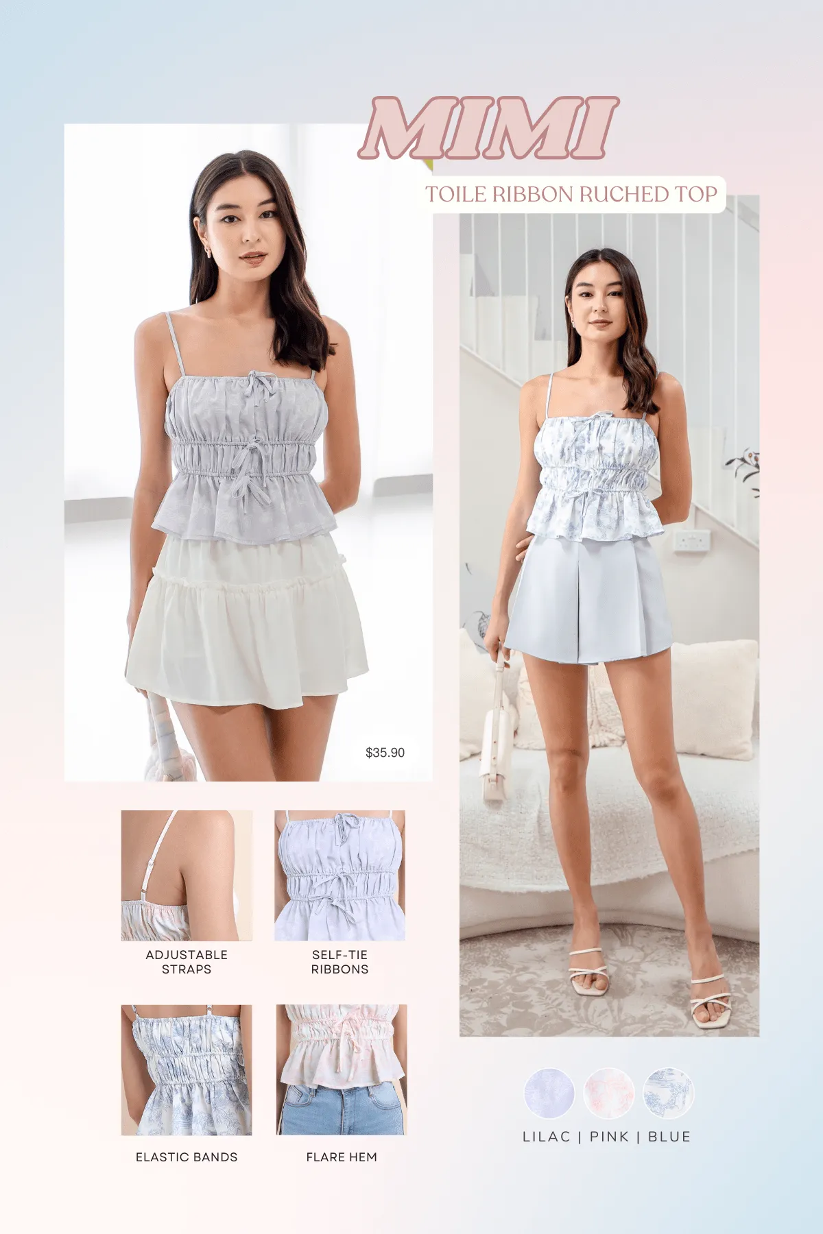 MIMI TOILE RIBBON RUCHED TOP IN LILAC