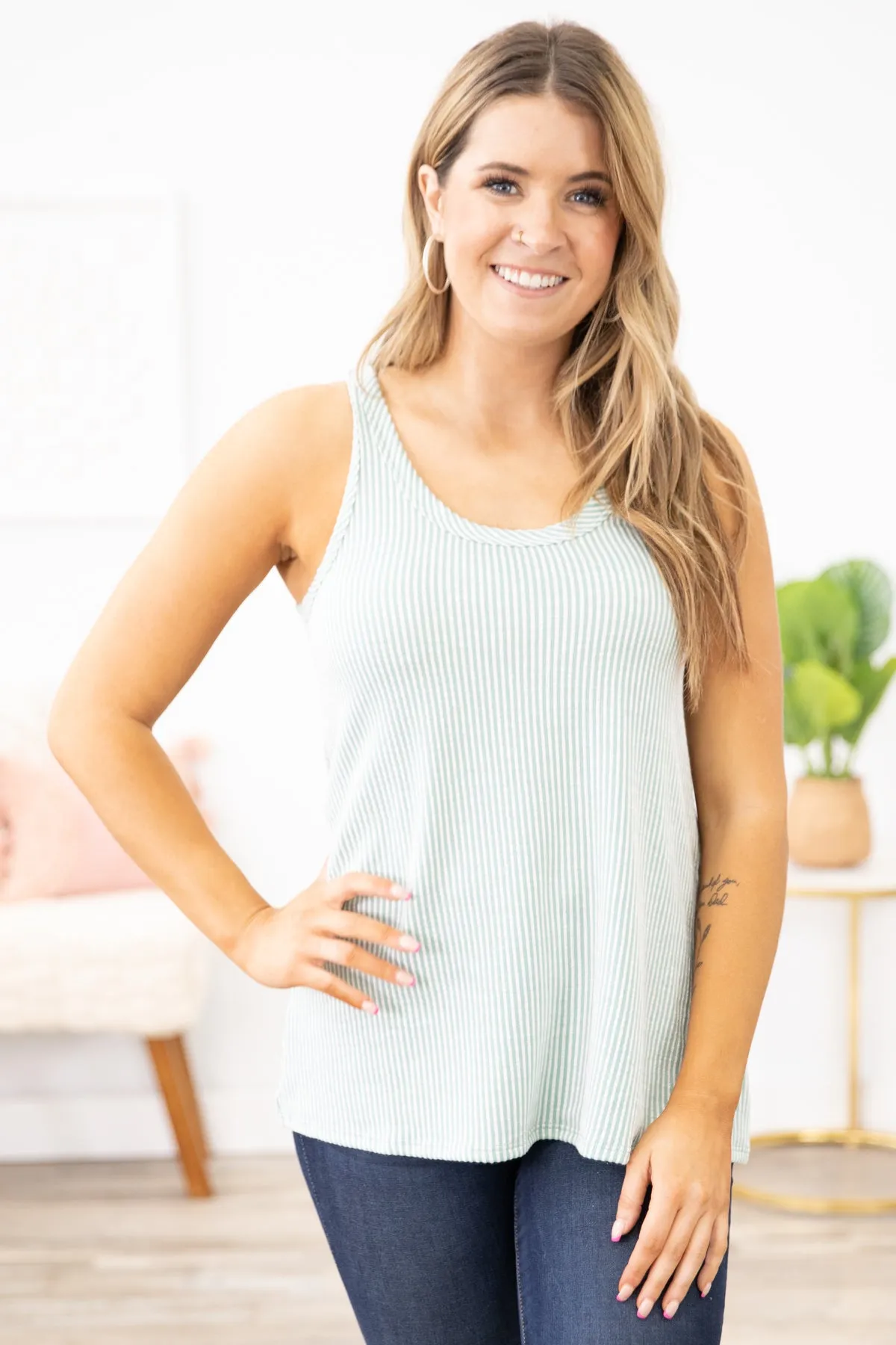 Mint and Off White Textured Stripe Tank