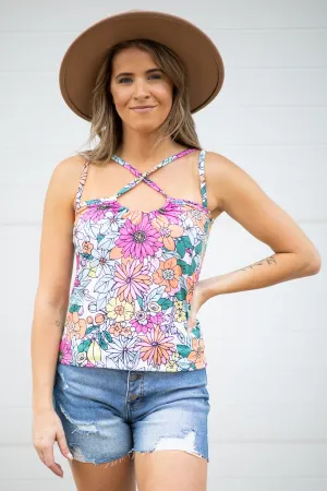 Mint and Pink Floral Criss-Cross Neck Tank