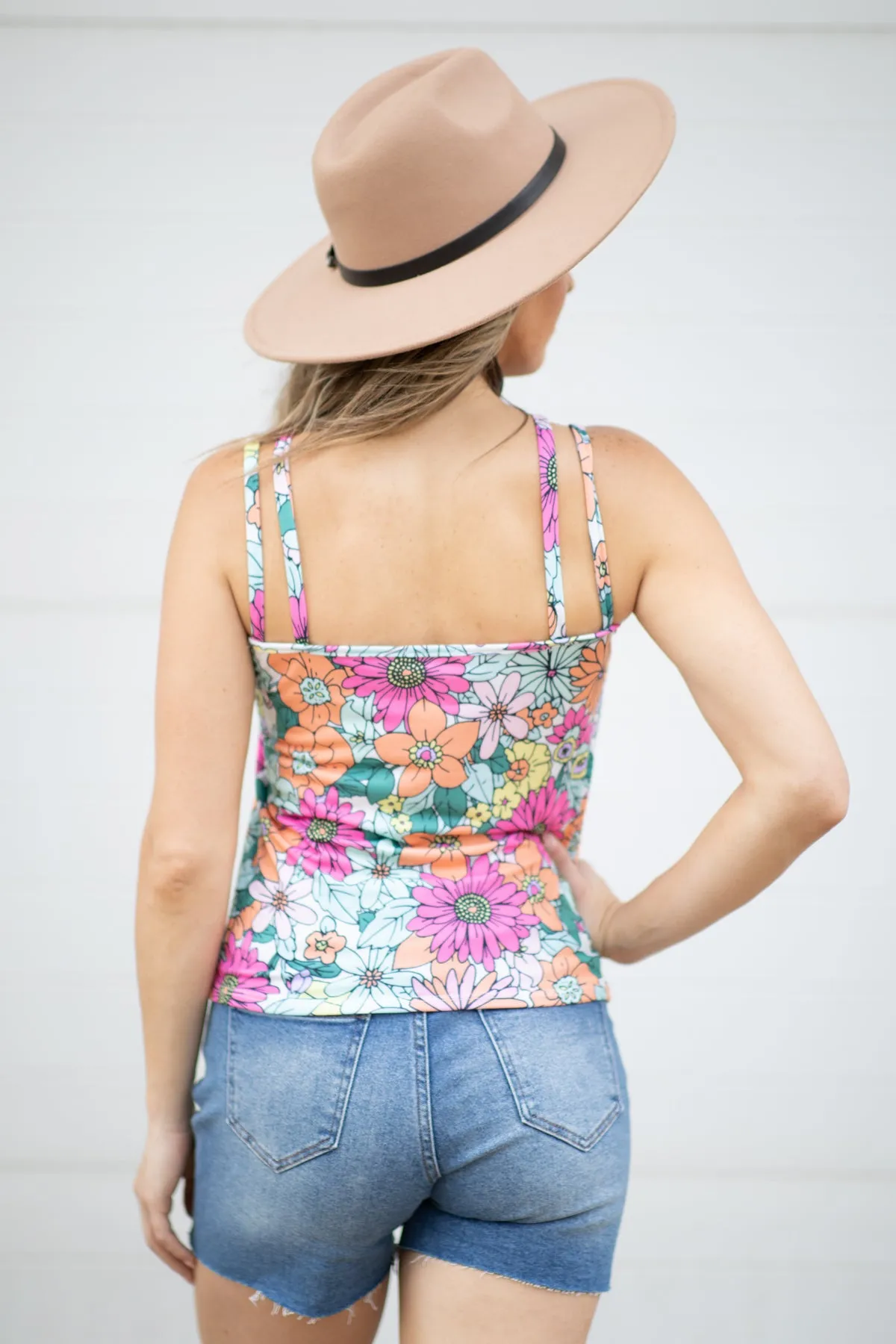 Mint and Pink Floral Criss-Cross Neck Tank