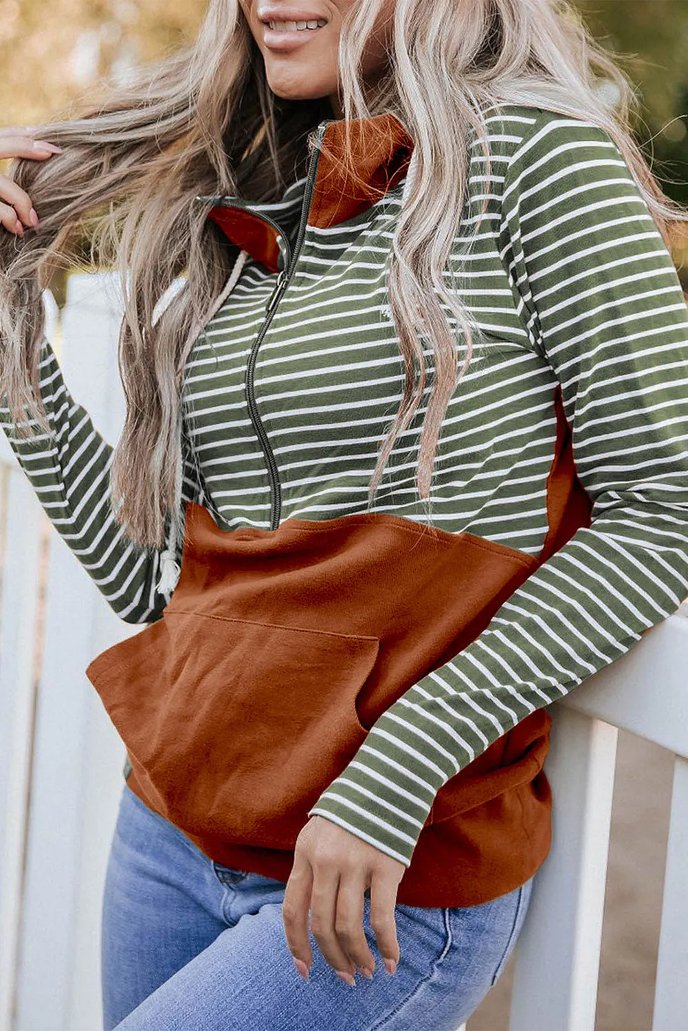 Mist Green Striped Color Block Patchwork Thumbhole Sleeve Hoodie