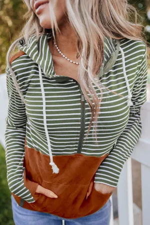 Mist Green Striped Color Block Patchwork Thumbhole Sleeve Hoodie