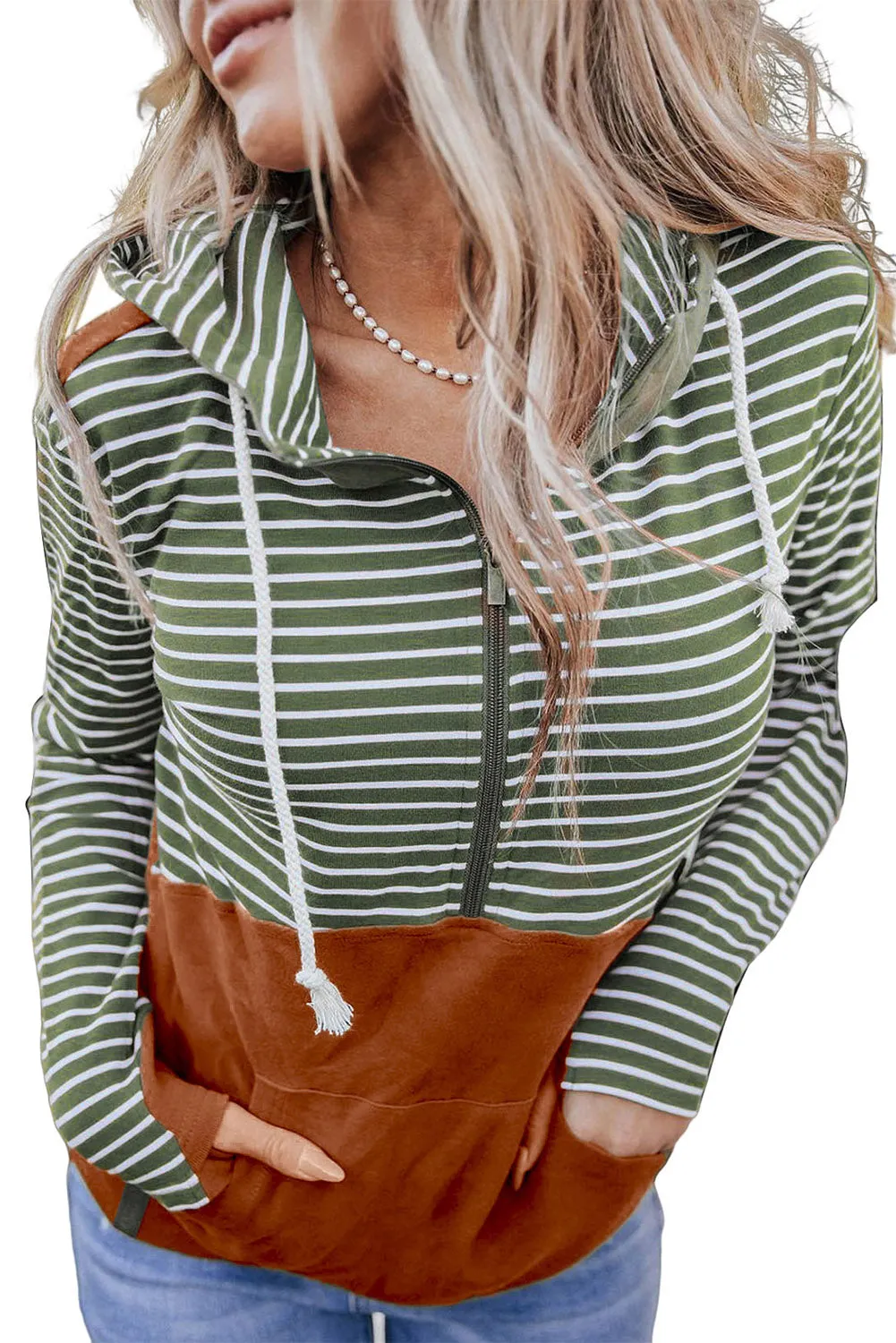 Mist Green Striped Color Block Patchwork Thumbhole Sleeve Hoodie