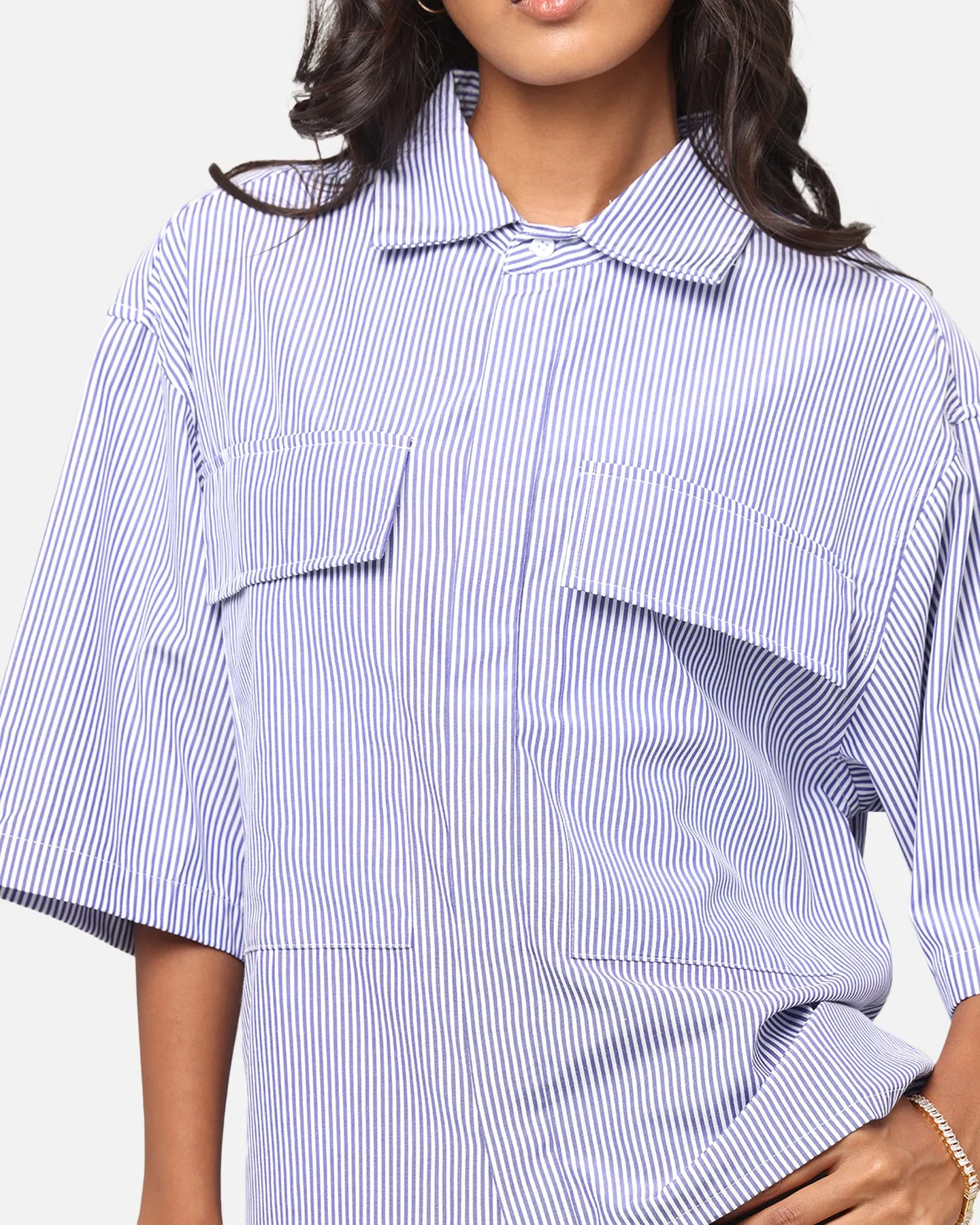 MNML Cropped Striped Short Sleeve Shirt Blue