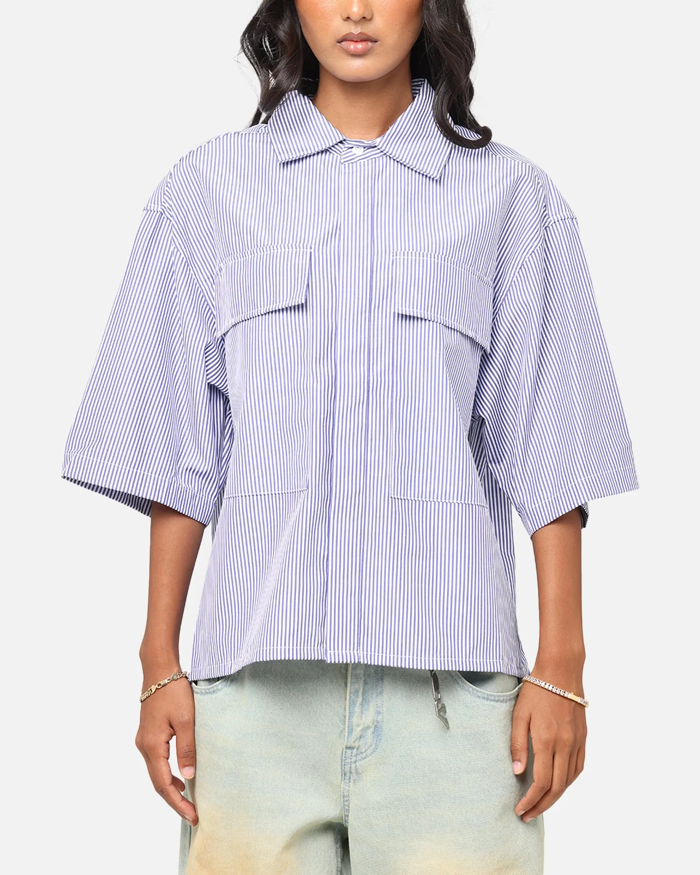 MNML Cropped Striped Short Sleeve Shirt Blue
