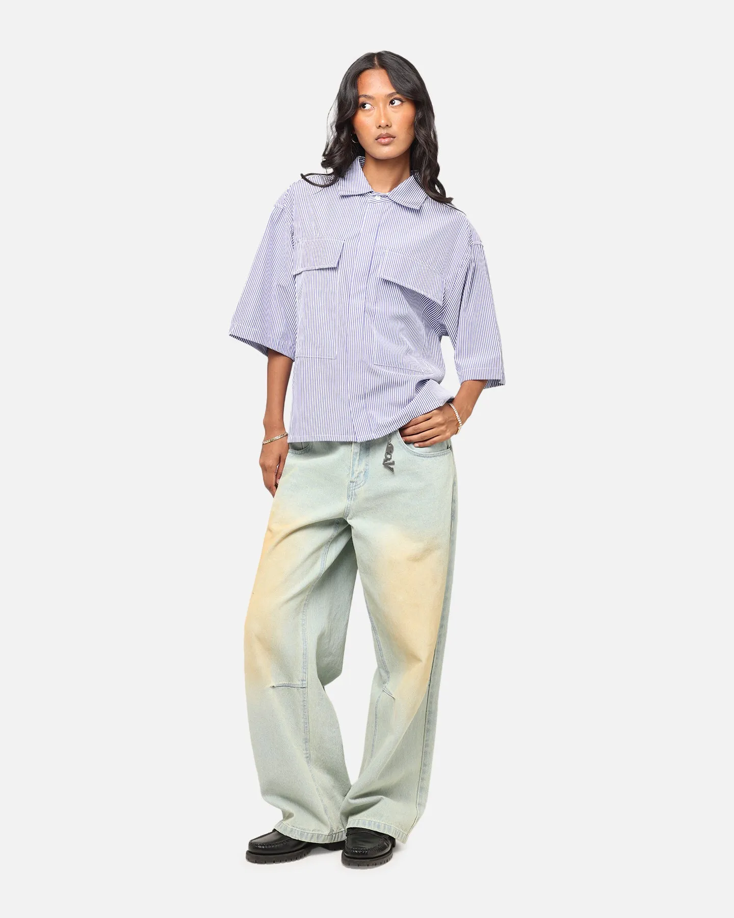 MNML Cropped Striped Short Sleeve Shirt Blue