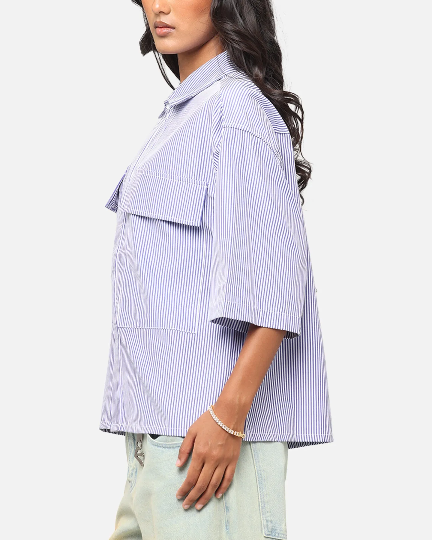 MNML Cropped Striped Short Sleeve Shirt Blue
