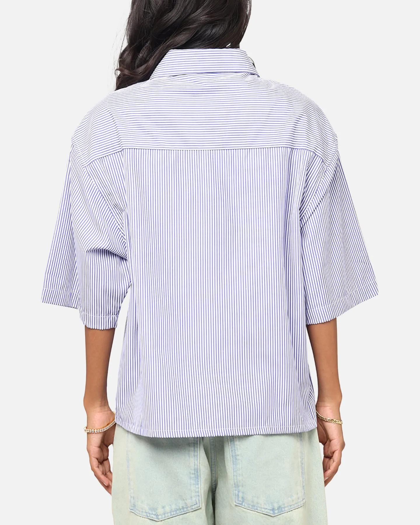 MNML Cropped Striped Short Sleeve Shirt Blue