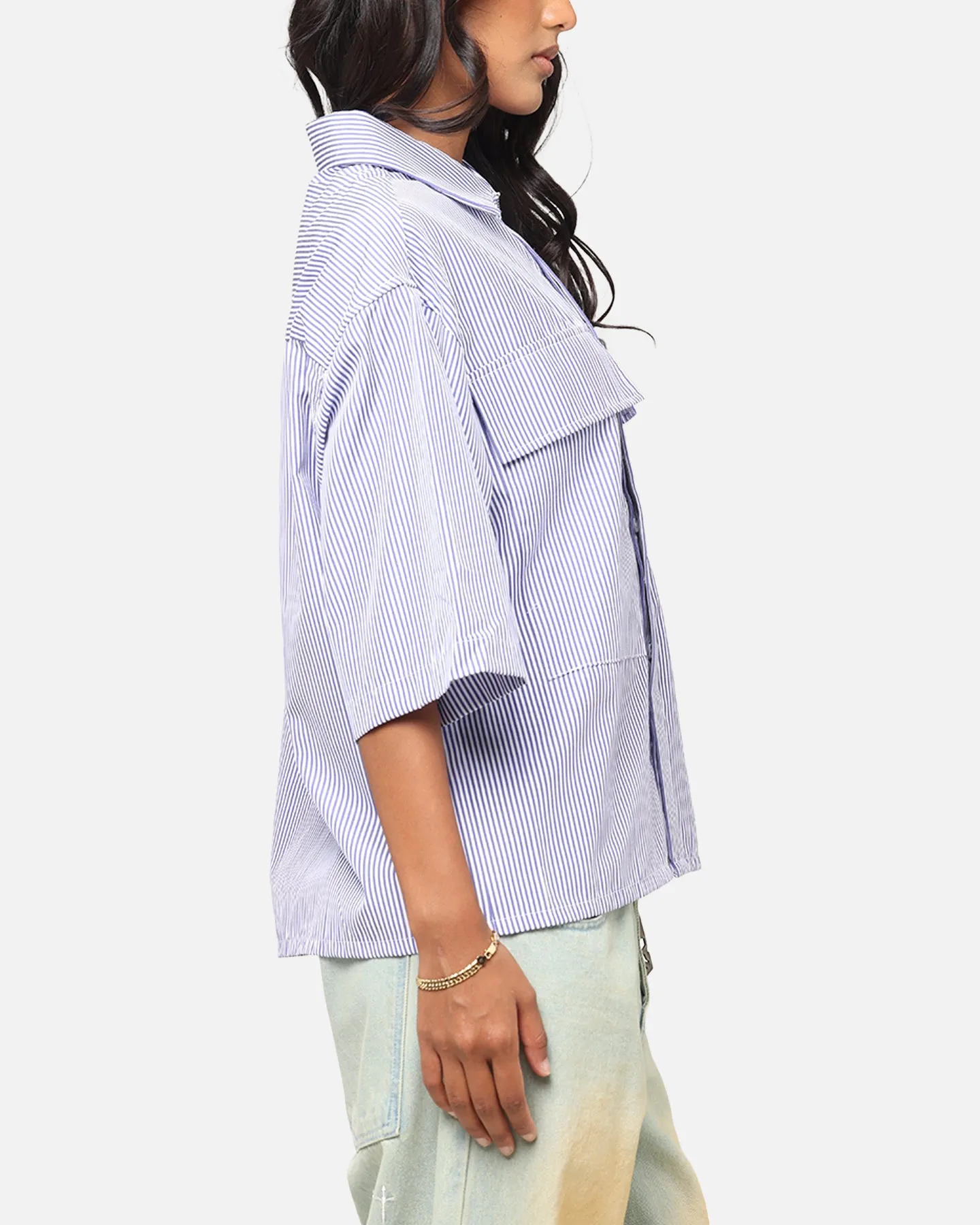 MNML Cropped Striped Short Sleeve Shirt Blue