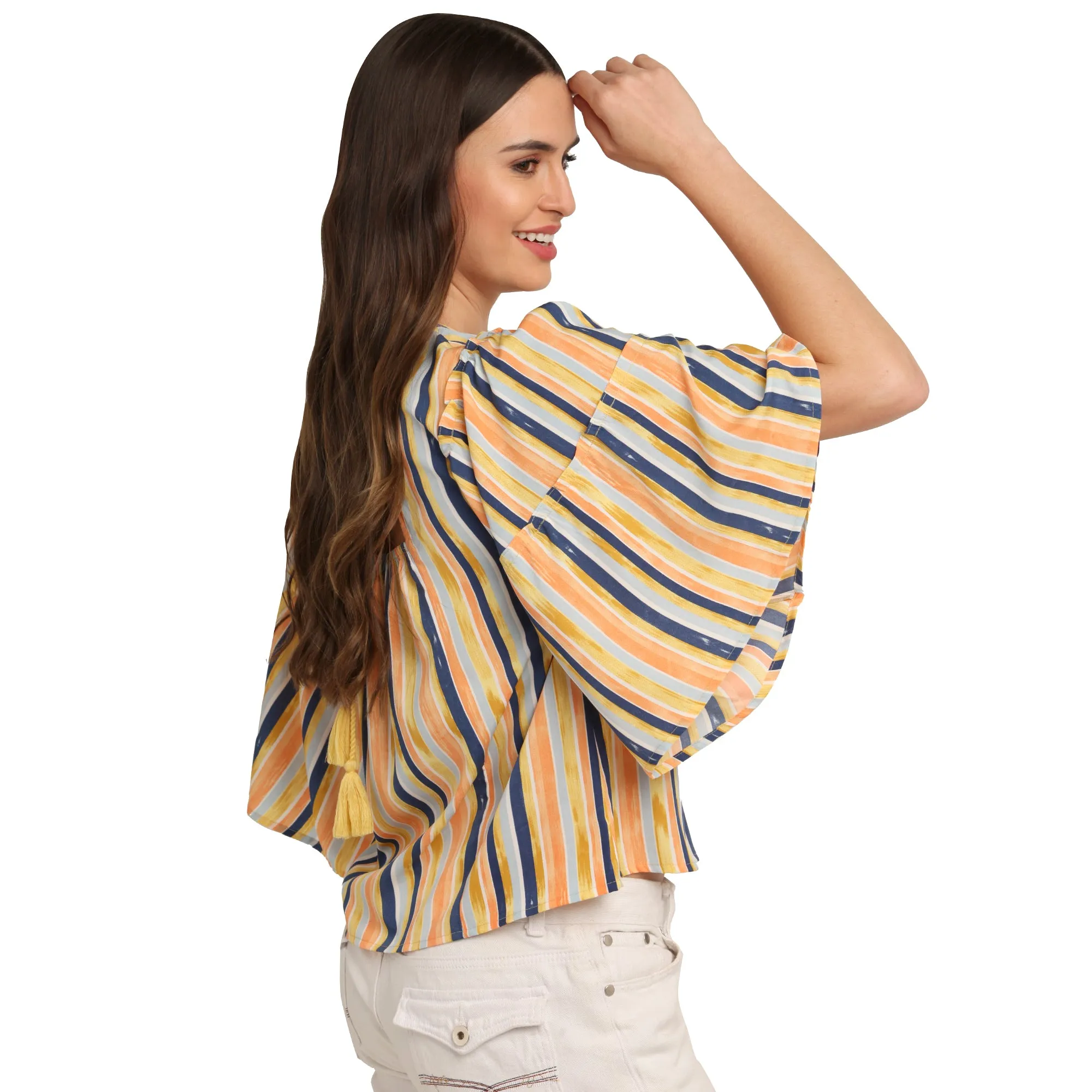 Multicolored Striped Flared Sleeve Top