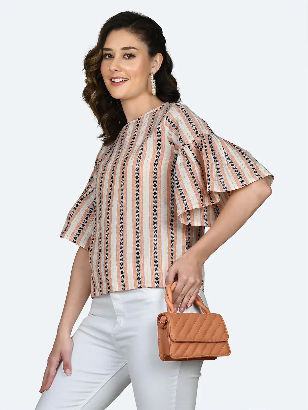 Multicolored Striped Flared Sleeve Top