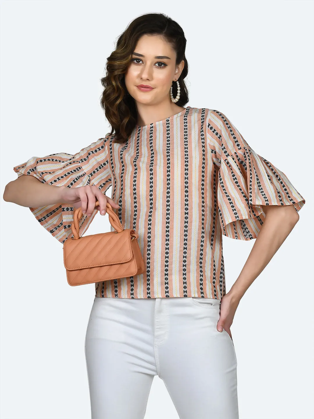 Multicolored Striped Flared Sleeve Top