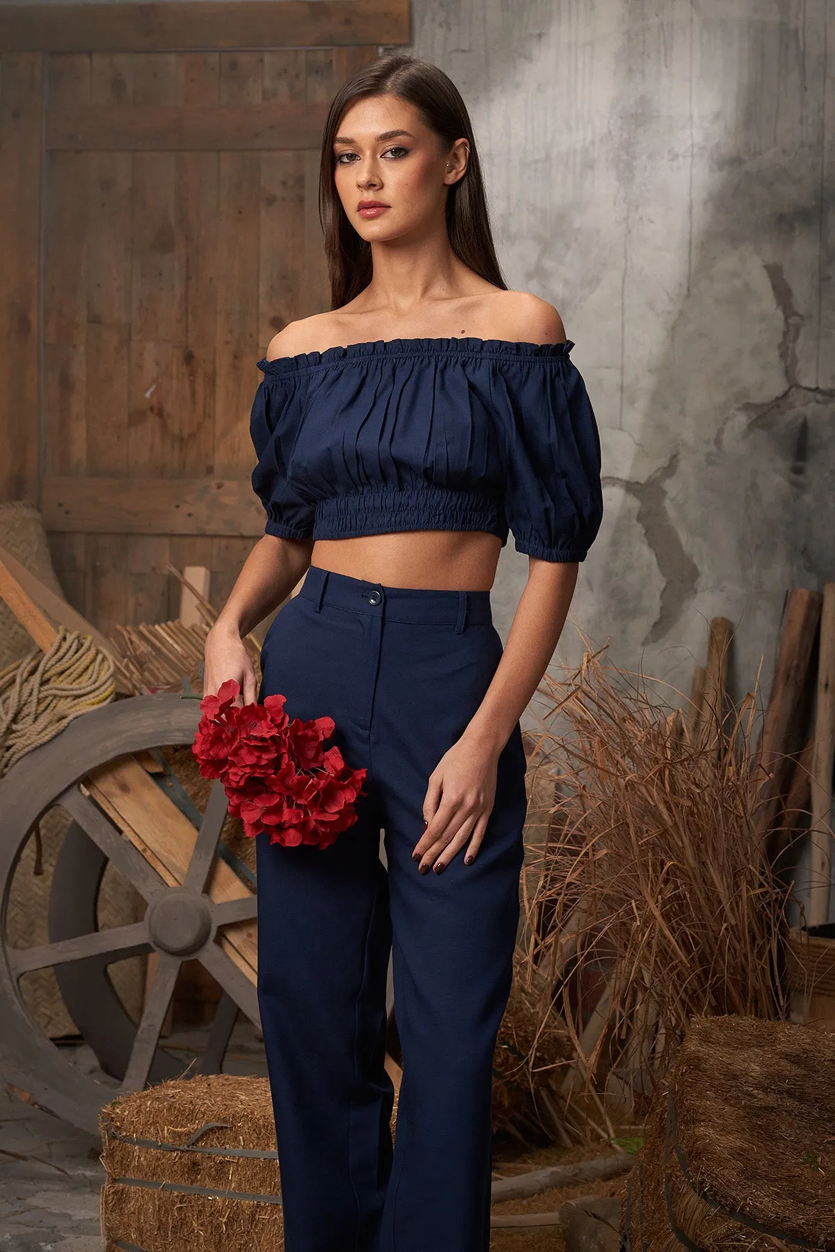 Navy Off-Shoulder Smocked Top