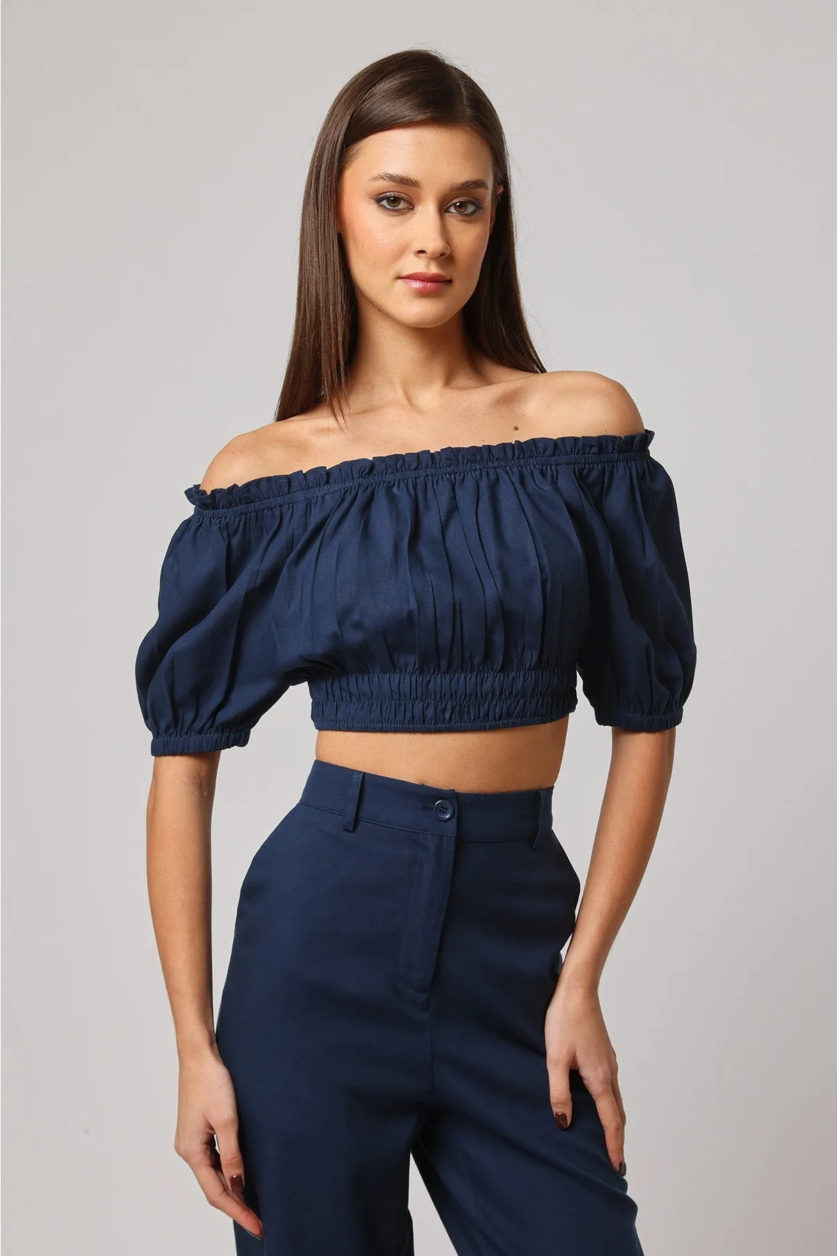 Navy Off-Shoulder Smocked Top