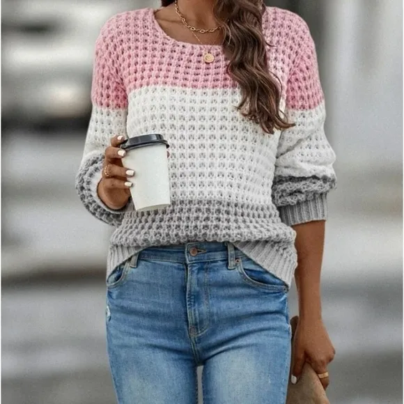 New color block long sleeve  chunky knit sweater