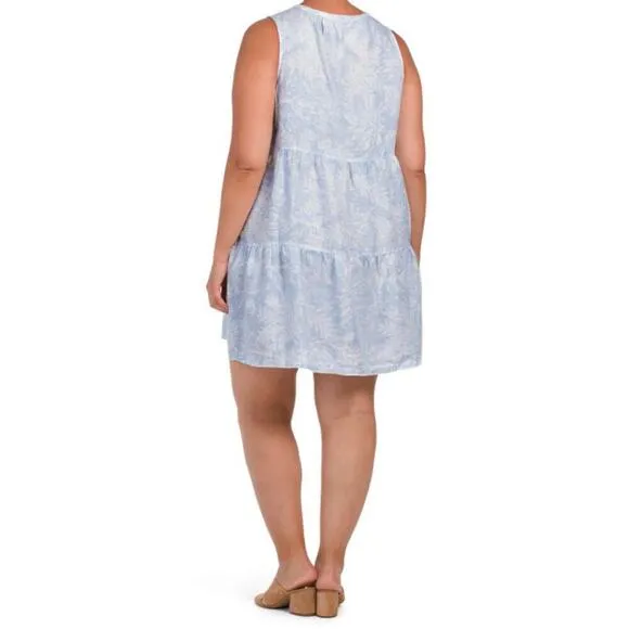 NWT Tahari Women's Plus Linen Floral Print Sleeveless Tiered Summer Mini Dress