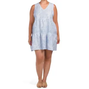 NWT Tahari Women's Plus Linen Floral Print Sleeveless Tiered Summer Mini Dress