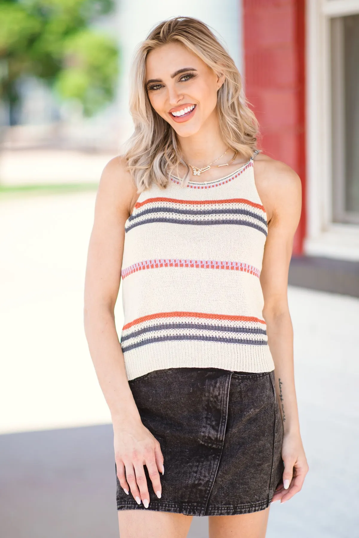 Oatmeal Multicolor Stripe Sweater Knit Tank