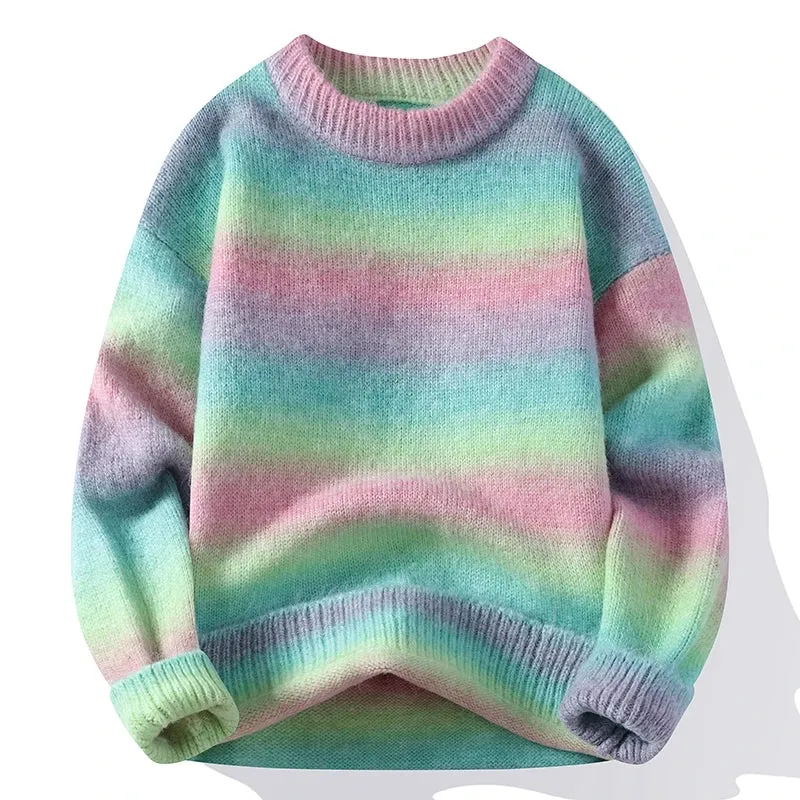Obsidian Phoenix Luxury Rainbow Striped Wool Sweater - High-End Loose-Fit Men’s Pullover Christmas Jumper