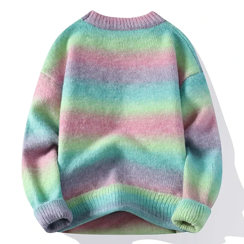 Obsidian Phoenix Luxury Rainbow Striped Wool Sweater - High-End Loose-Fit Men’s Pullover Christmas Jumper