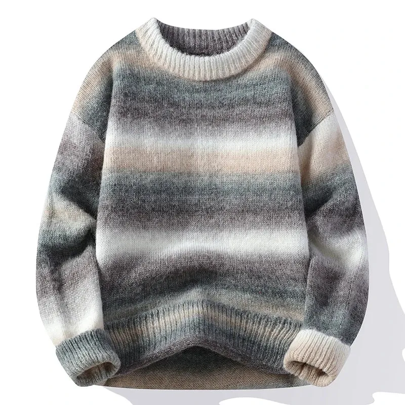 Obsidian Phoenix Luxury Rainbow Striped Wool Sweater - High-End Loose-Fit Men’s Pullover Christmas Jumper