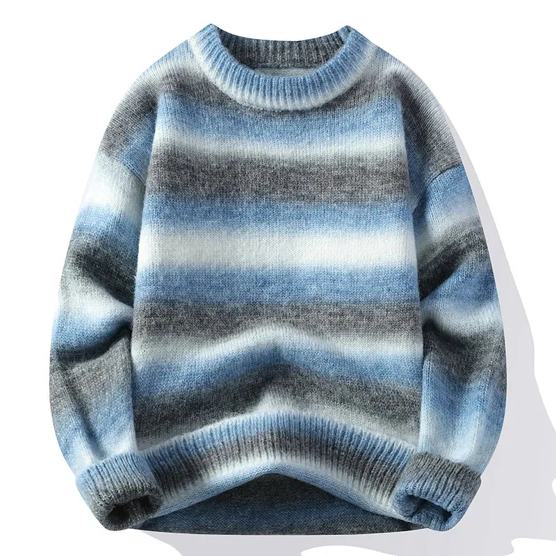 Obsidian Phoenix Luxury Rainbow Striped Wool Sweater - High-End Loose-Fit Men’s Pullover Christmas Jumper