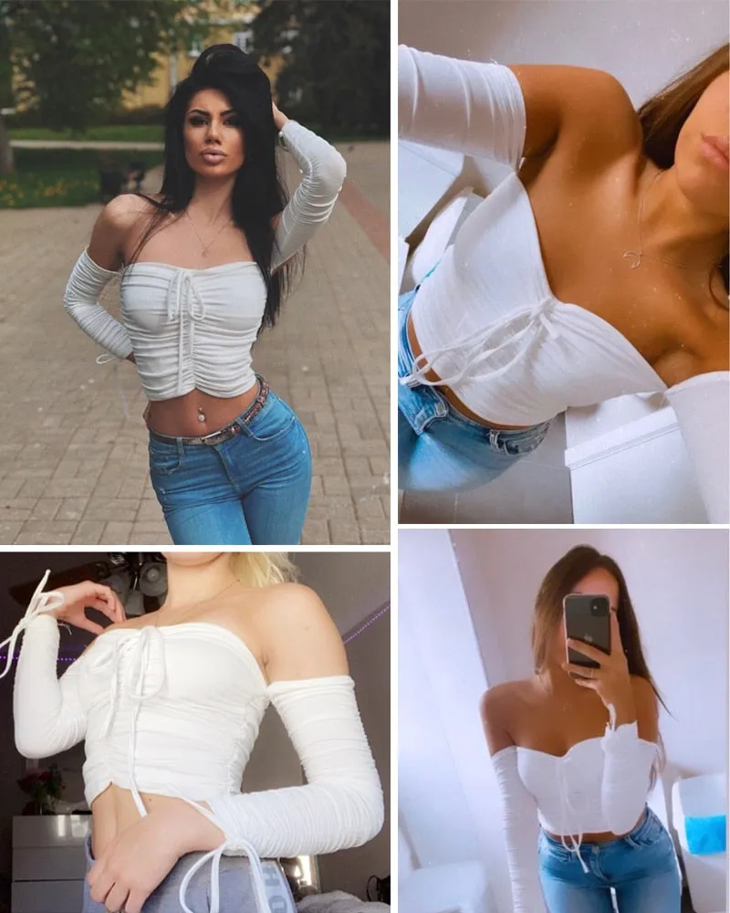Off Shoulder Front Tie Crop Top - black or white